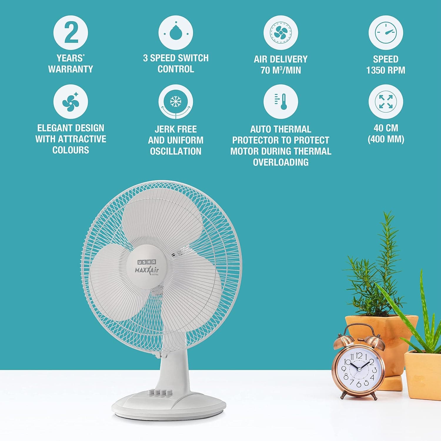 USHA Maxx Air Ultra Table Fan,400MM Sweep Size,1350 RPM,Aerodynamic Blade Design for High Air Delivery,Corrosion Protection with Plastic Blades,3 Speed Settings,100% Copper Motor, 2 Year Warranty,White thumbnail 3